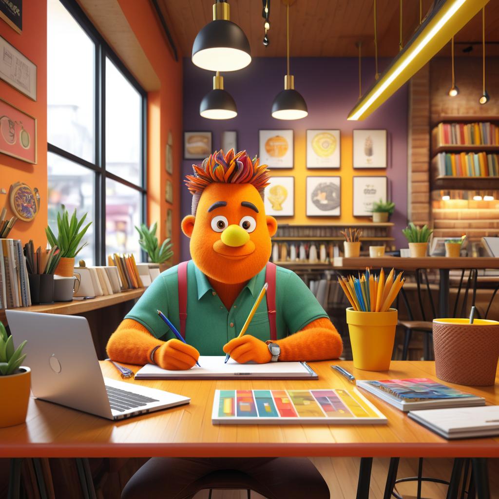 Vibrant Pencil Character in Café Setting