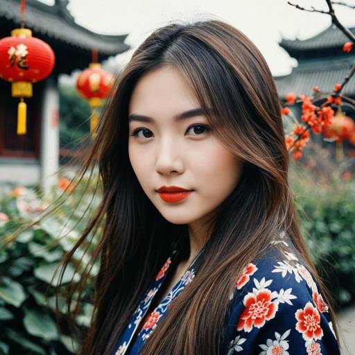 Young Asian Woman in Floral Dress with Lanterns