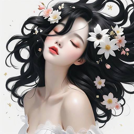 Digital artwork of a pale-skinned, black-haired woman with closed eyes, red lips, and white flowers in her hair, against a white background.