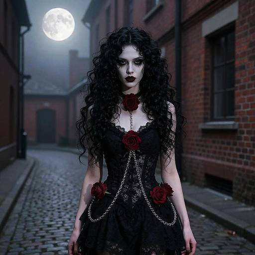 Photograph-style digital artwork: Gothic woman with pale skin, black curly hair, dark makeup, black lace dress, red roses, moonlit cobble