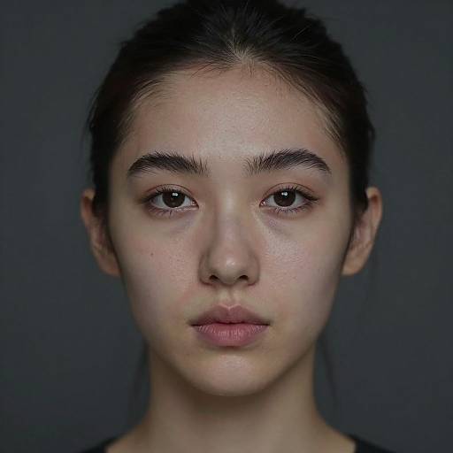 Photograph of a young woman with fair skin, dark brown eyes, and straight dark brown hair, against a dark gray background.