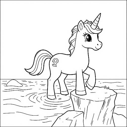 Black-and-white line drawing of a cute, small unicorn with a horn, standing on a rocky cliff in shallow water.
