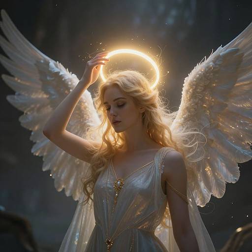 Photorealistic digital painting of a blonde angel with glowing halo, white feathery wings, and golden dress, softly illuminated against a dark, mystical