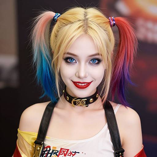 Photograph of a white woman with blonde and red-blue pigtails, blue eyes, white face paint, red lipstick, black choker, and