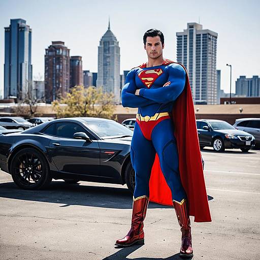 Man in Superman Costume with Sports Car