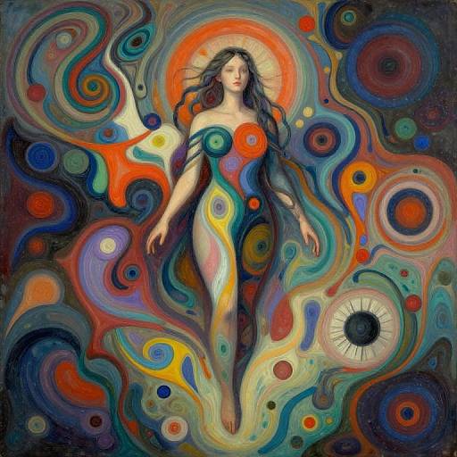 Vibrant, abstract painting of a serene, nude woman with flowing black hair, surrounded by swirling, colorful patterns and circles. Her halo-like glow