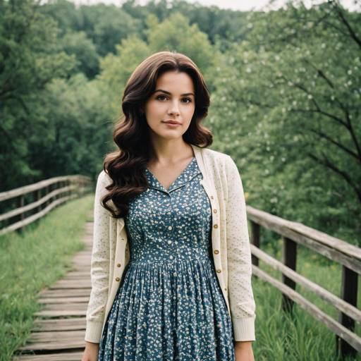 Woman in Floral Dress Standing on Wooden Bridge