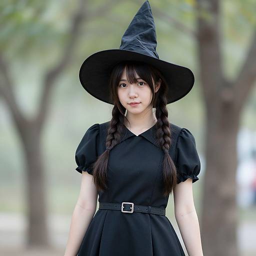 Photograph of an East Asian woman with long black braids, wearing a black witch hat and dress, standing outdoors with blurred trees in the background.