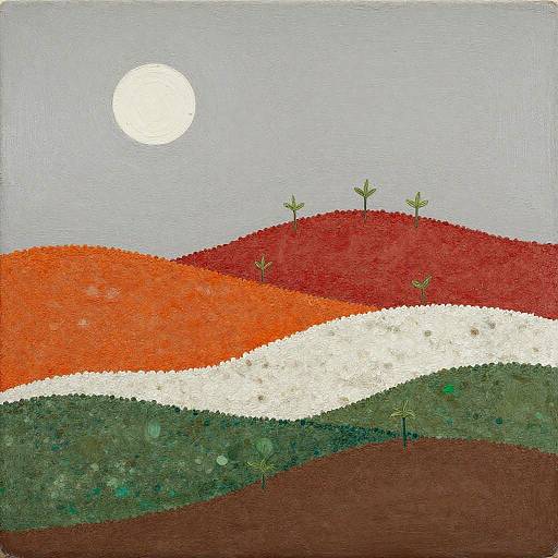 Abstract painting of layered hills in red, white, green, and brown with sparse trees under a bright white sun in a gray sky.