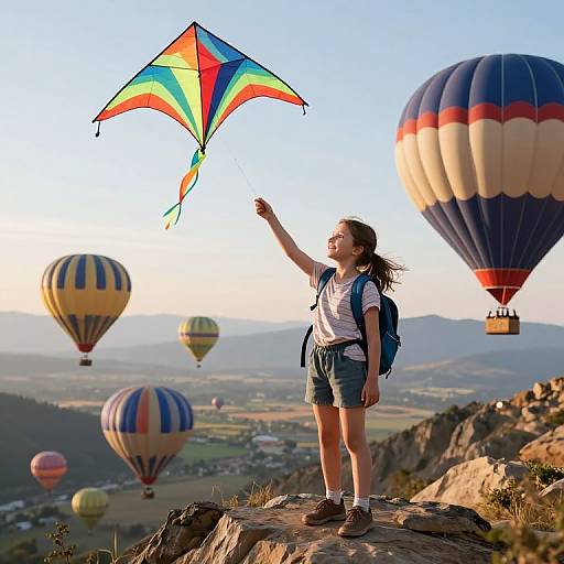 Photograph of a young girl with brown hair, white shirt, and blue shorts, flying a colorful kite on a rocky hill, surrounded by floating hot