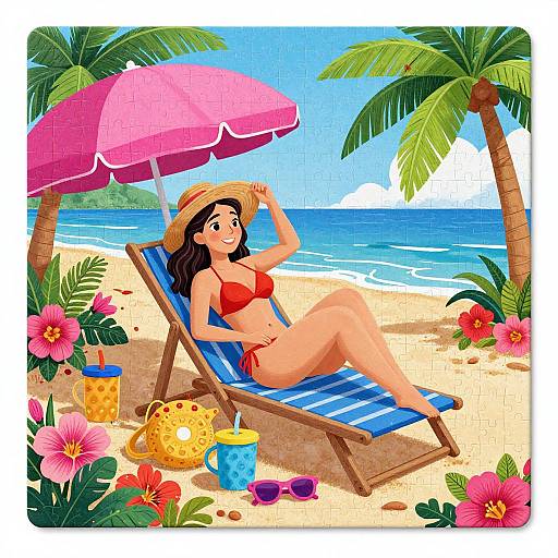 Colorful digital illustration of a curvy woman in a red bikini, sunhat, lounging on a beach chair under a pink umbrella, surrounded by
