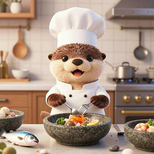 Whimsical Otter Chef Preparing Seafood