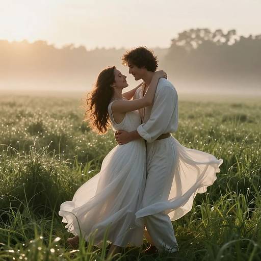 Photograph of a romantic couple in white, ethereal dresses, embracing in a sunlit, dewy meadow at sunset, with soft golden light