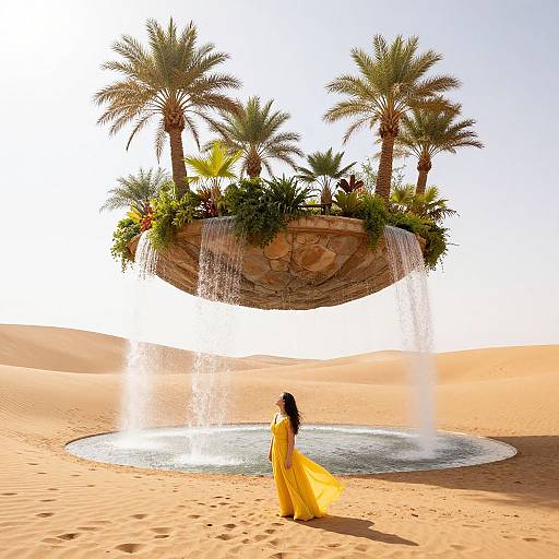 Photograph of a woman in a flowing yellow dress standing by a circular water pool in a desert, with a floating island of palm trees and waterfalls