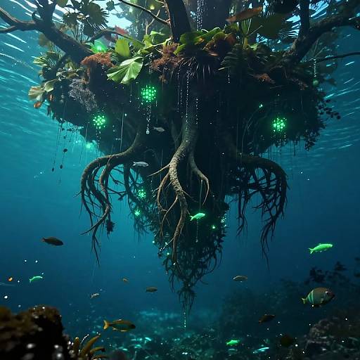 Photograph of an underwater scene featuring a submerged, root-covered tree adorned with glowing green lights and surrounded by small, colorful fish.