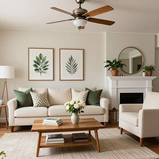 Modern living room photograph: White sofa with green pillows, wooden coffee table, white armchair, white fireplace, round mirror, potted plants, green