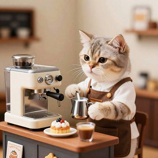 Tiny Barista Cat Operating Espresso Machine