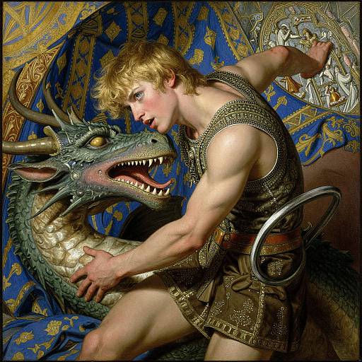 Digital painting of a muscular, blonde, fair-skinned knight in golden armor grappling with a fierce, green dragon with glowing eyes on an ornate blue