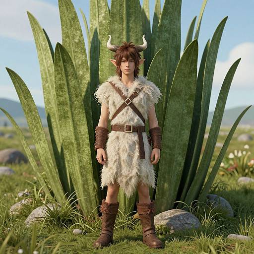Digital artwork of a young male fantasy character with brown hair, horns, white fur loincloth, brown leather belt, boots, and armbands,