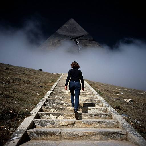 Photograph of a woman with curly brown hair, wearing a black long-sleeve shirt and blue jeans, walking up ancient stone steps toward a mist