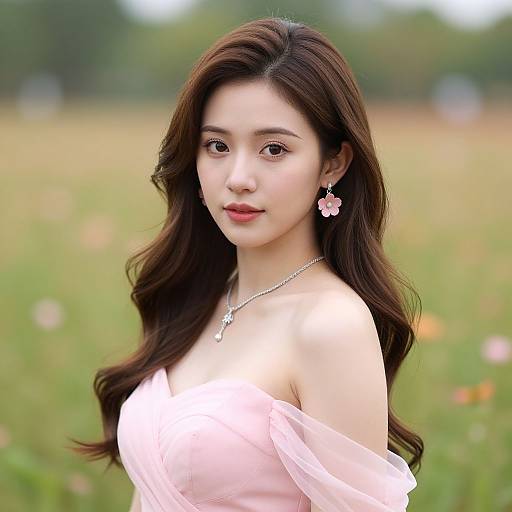 Photograph of an Asian woman with long, wavy brown hair, wearing a pink off-shoulder dress, pink flower earrings, and a silver