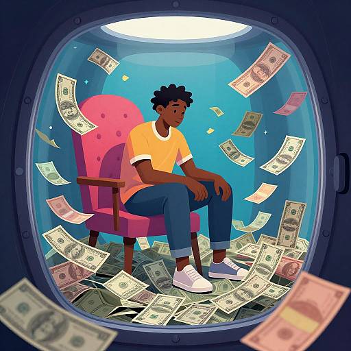 Digital illustration of a black man with curly hair, wearing a yellow shirt and blue jeans, sitting on a pink chair, surrounded by flying money bills inside