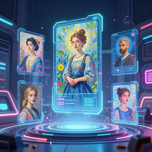 Digital artwork of a glowing holographic interface displaying four portraits of women in colorful, 19th-century-style dresses, surrounded by neon lights in a futuristic