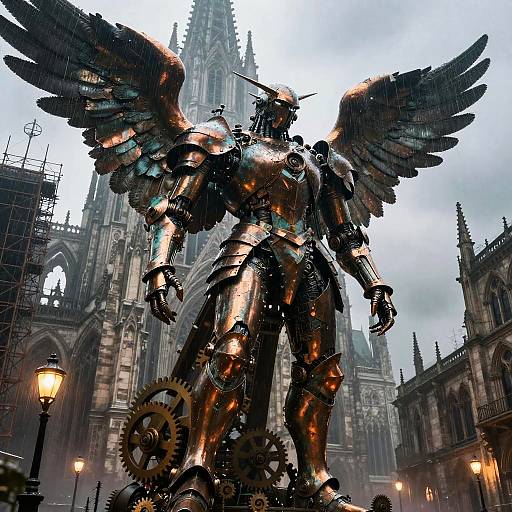 Bronze Mechanical Angel Over Gothic Ruins