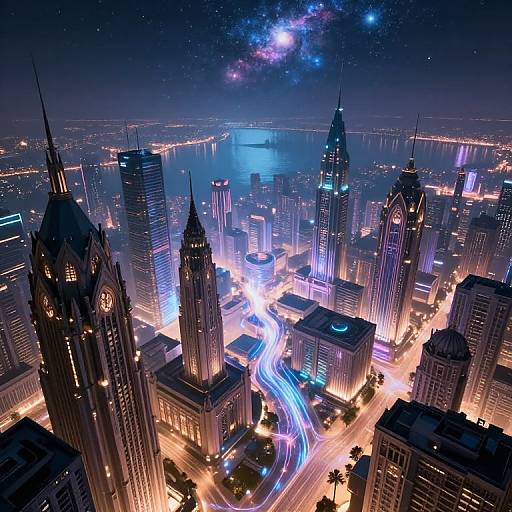 Aerial CGI of a futuristic city at night, showcasing brightly lit skyscrapers with neon lights, light trails from traffic, and a galaxy-like sky