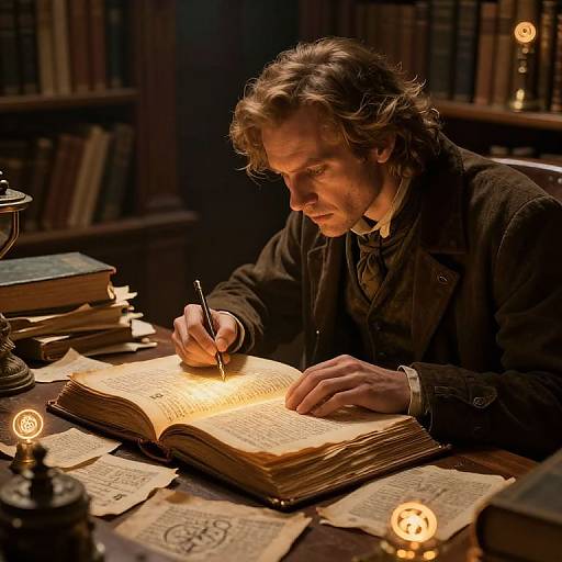 Photograph of a focused, long-haired man in 19th-century attire, writing in a glowing, illuminated book with candle-lit library background.