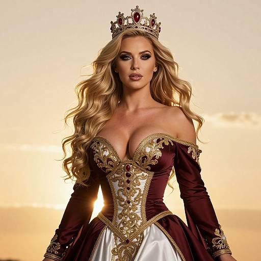 Photograph of a blonde, fair-skinned queen with wavy hair, wearing an ornate maroon and gold off-shoulder gown, and