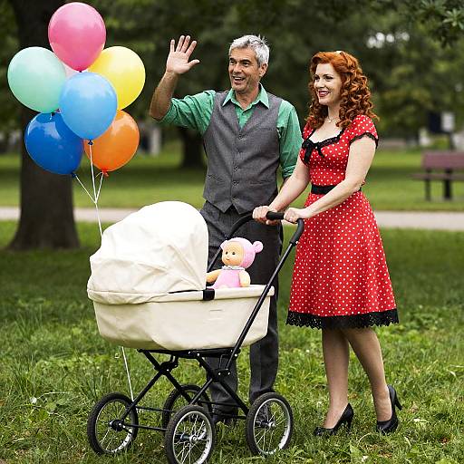 Couple with Vintage Baby Stroller in Park