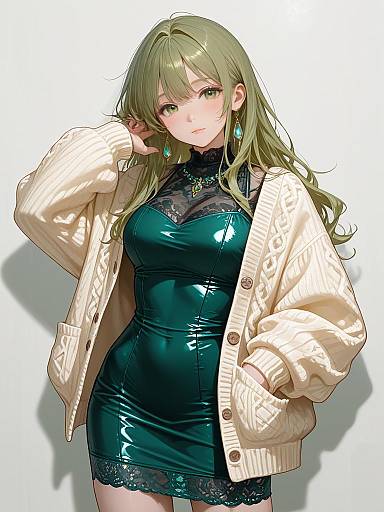 Woman in Emerald Bodycon Dress and Beige Knit Cardigan
