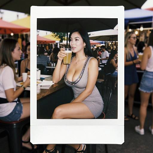 Photograph of a curvy woman with large breasts, wearing a tight gray dress and black hat, sipping a drink at a busy outdoor café.