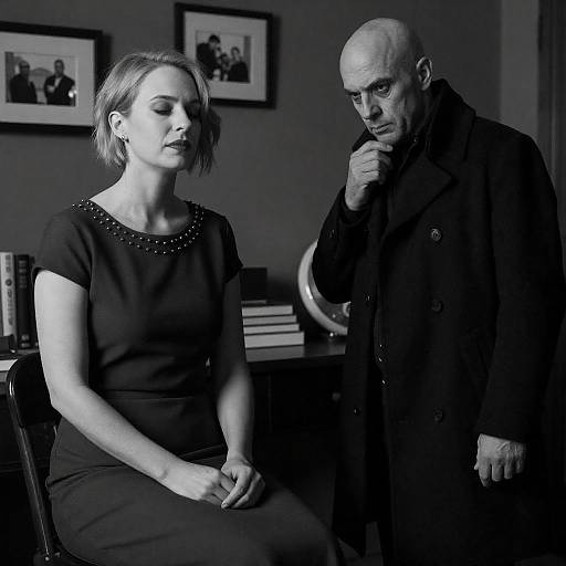 Black and White Portrait of Woman and Man in Dimly Lit Room