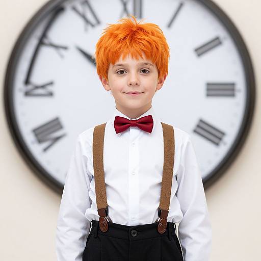 Photograph of a young boy with bright orange hair, wearing a white shirt, red bowtie, brown suspenders, and black pants, standing in