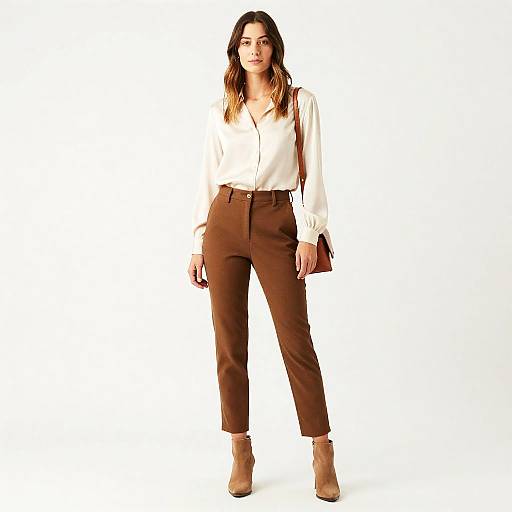 Young Woman in Brown Trousers and Silk Blouse