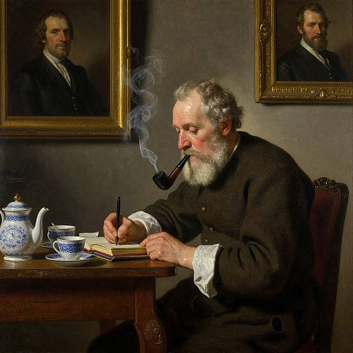 Photorealistic painting of a bearded elderly man smoking a pipe, writing at a table with teapot and cups, framed portraits behind him. Dark