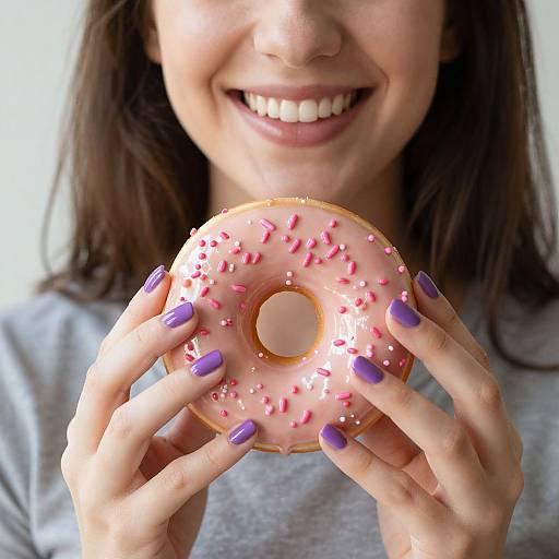 Photograph of a smiling woman with straight brown hair, wearing a gray shirt, holding a pink-frosted donut with pink sprinkles, showcasing