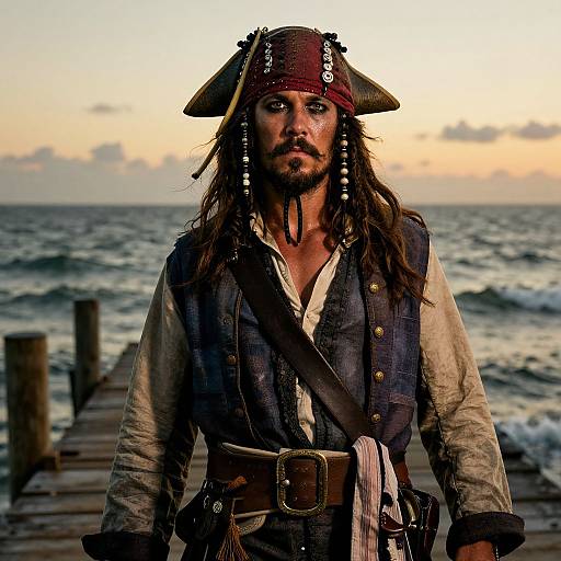 Photograph of a rugged pirate with long hair, red bandana, and tricorn hat, standing on a wooden pier at sunset, ocean waves in