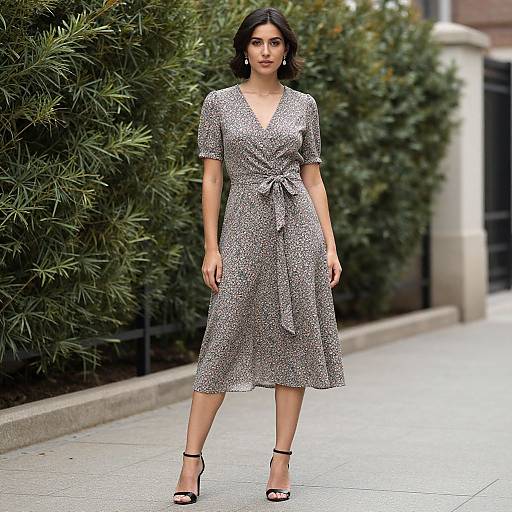 Photograph of a stylish woman with medium skin tone, dark hair, wearing a gray patterned V-neck dress with short sleeves and black heels, standing