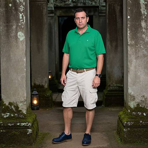 Photograph of a man with short dark hair, green polo shirt, white shorts, blue shoes, standing in a mossy, aged stone archway