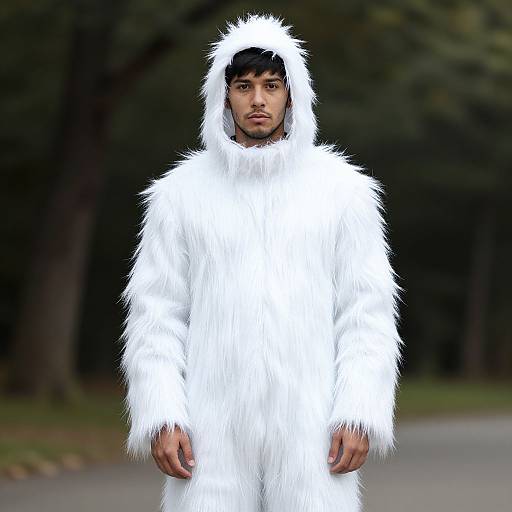 Young man with medium brown skin, black hair, wearing a fluffy white animal onesie with hood, standing in a dark forest. Photograph.