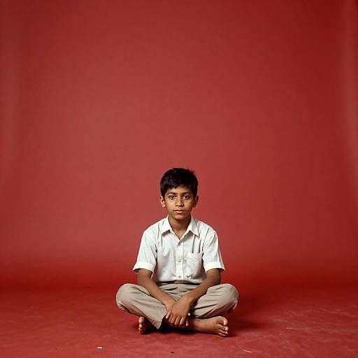 Photograph of a young boy with short black hair, wearing a white shirt and gray pants, sitting cross-legged on a red floor against a solid red