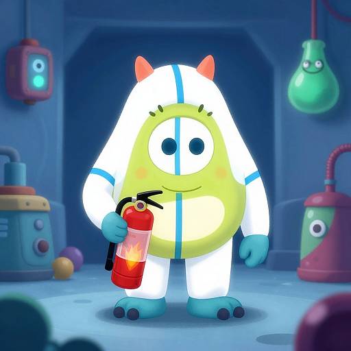 CGI cartoon of a yellow, round, horned creature with blue stripes, holding a lit red bomb, in a blue-lit, tech-themed