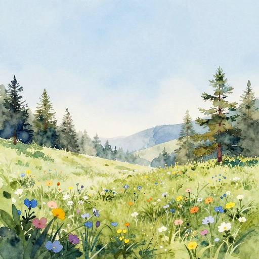 Watercolor Alpine Meadow with Wildflowers