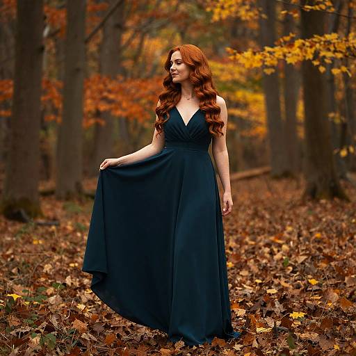 Photograph of a red-haired woman in a black, sleeveless, V-neck dress standing in a forest with autumn leaves, holding her skirt, surrounded