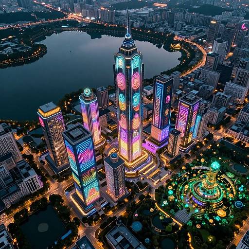 Aerial photograph of a vibrant city at night, featuring neon-lit skyscrapers with colorful lights, a circular park with glowing lights, and a