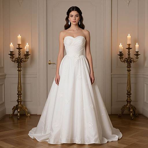Photograph of a young woman with dark hair, wearing a strapless, white, lace-embellished wedding gown, standing in an elegant room