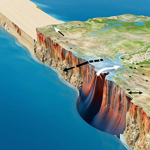 Digital topographic map of a coastal cliff with steep red and brown rock faces, white arrows indicating geological formations, and blue ocean below.